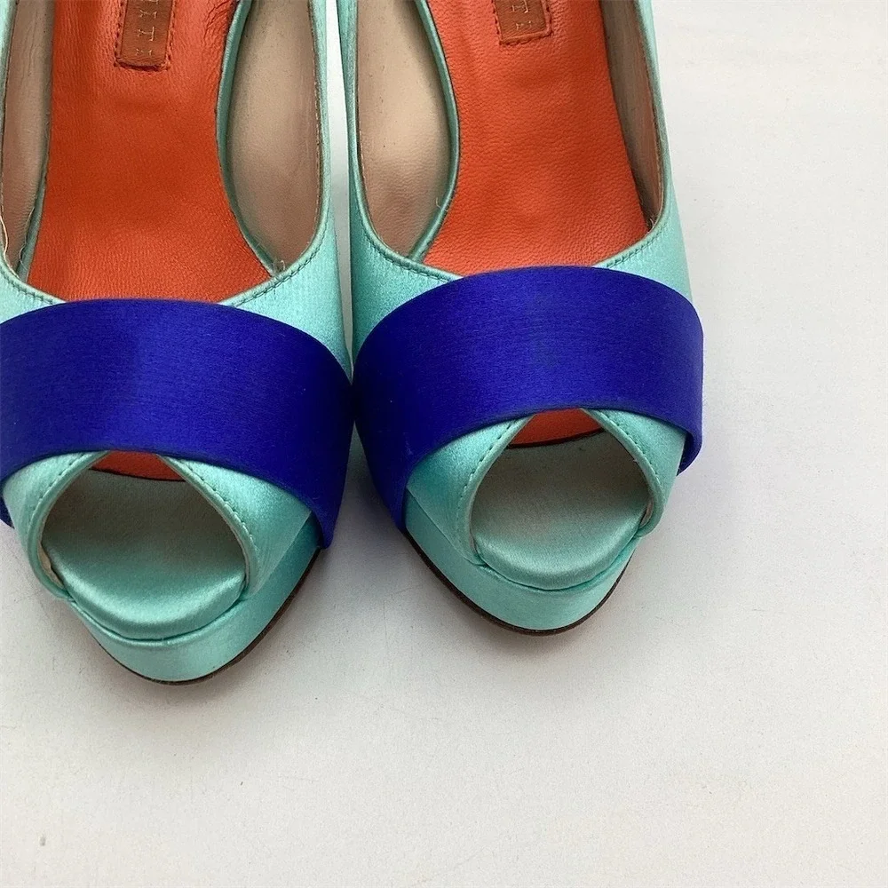 D.LACQUANIT Platform Peep Toe Pumps‎ Womens US 5 Teal Blue Colorblock Heel